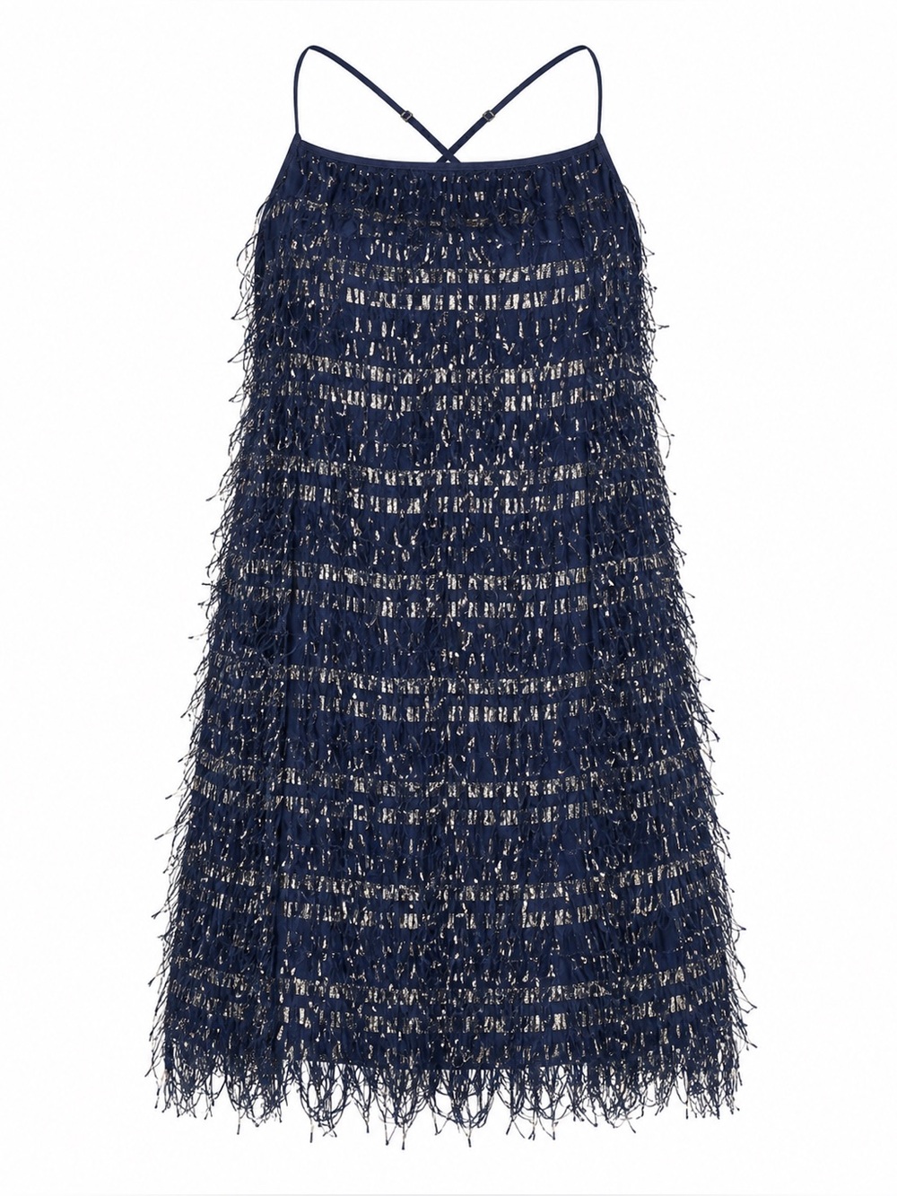 Nicole Miller navy/gold fringe mini dress, size 10